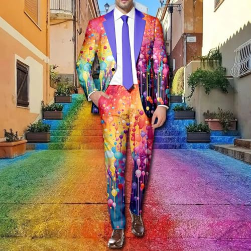 Mens 2 Piece Tuxedo Suit Set Rainbow Print Floral Party Dress Jacket Coat Slim Fit Button Blazer Pants with Pockets2