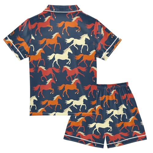 Beautiful Silhouettes Of Horses Summer Satin Pajama Set, Cute Button-Down Sleepwear Pj Set for Sleep Wears2