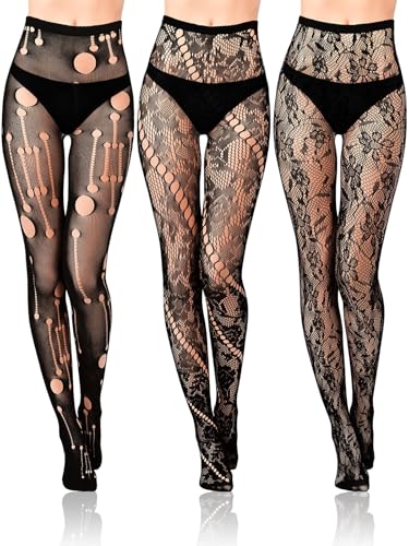 Bas résille noirs femme motif floral dentelle lot de 3 paires Halloween