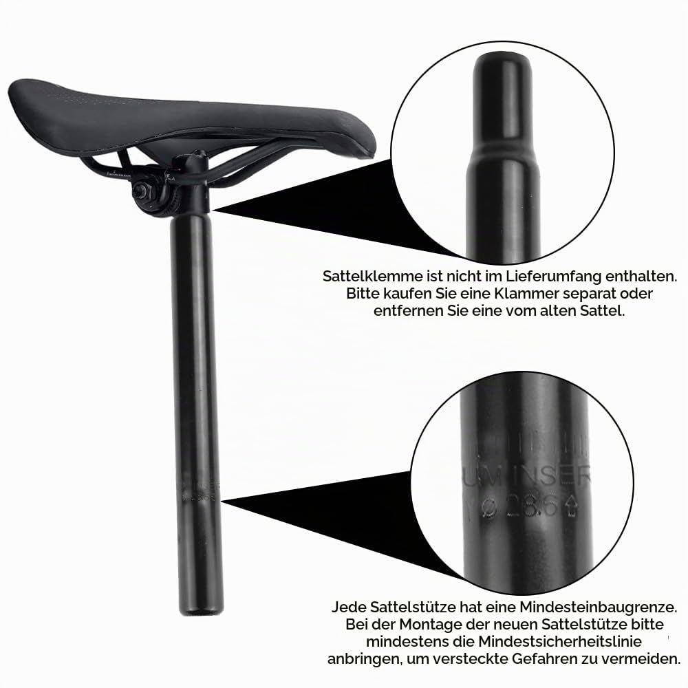 AFASOES Fahrrad Sattelstütze 28,6 x 300 mm Schwarz MTB
