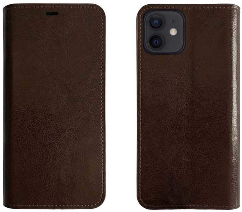 Coque antichoc iPhone 12 protection cuir marron à rabat magnétique KANUZ fente carte 6,1"