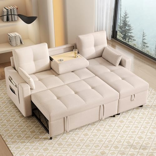 Wyibwy, Sofá esquinero en forma de L, sofá cama de 3 plaza, cama extraíble y portavasos plegable, con espacio de almacenamiento, tejido de lino, para salón, beige
