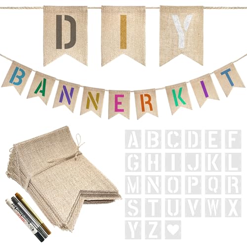 15 PCS Burlap Banner DIY Kit With 27 PCS Letter Stencil Banner Burlap Painting For Party Decorations Swallowtail Flags For Birthday