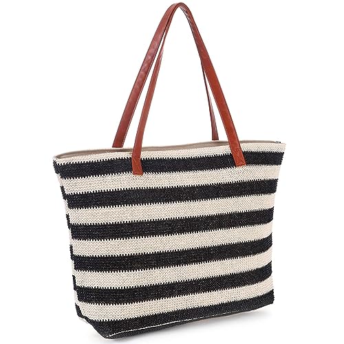 Jupsk Bolso de Paja a Rayas Grande Bolso de Playa de Verano Bolso de Rayas Suave con Cremallera Bohemio Tejido Bolsa de Hombro para las Niñas, Perfecto para Viajes Compras Picnic Escuela Gimnasio