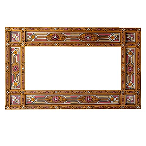Wood Vintage Moroccan Mirror, Farmhouse Horizontal Mirror, Large Wooden Mirror, Rustic Bathroom Mirror Frame,Hanging Wooden Frame, Moroccan Hand Painted Mirror Frame, (Glass Not Included) #TOP16