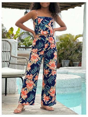 Image of Floerns Girl's 2 Piece Outfit Hawaiian Tropical Crop Cami Tops and Boho Pants Set