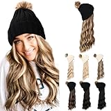 HOOJIH Knitted Beanie Wig, Hat Hair Extension Long Wavy Curly Black Hat Wig with Faux Fur Pom Hat Attached 18 Inch Synthetic Hairpiece for Women Girls Winter - Light Brown with Medium Golden Blonde