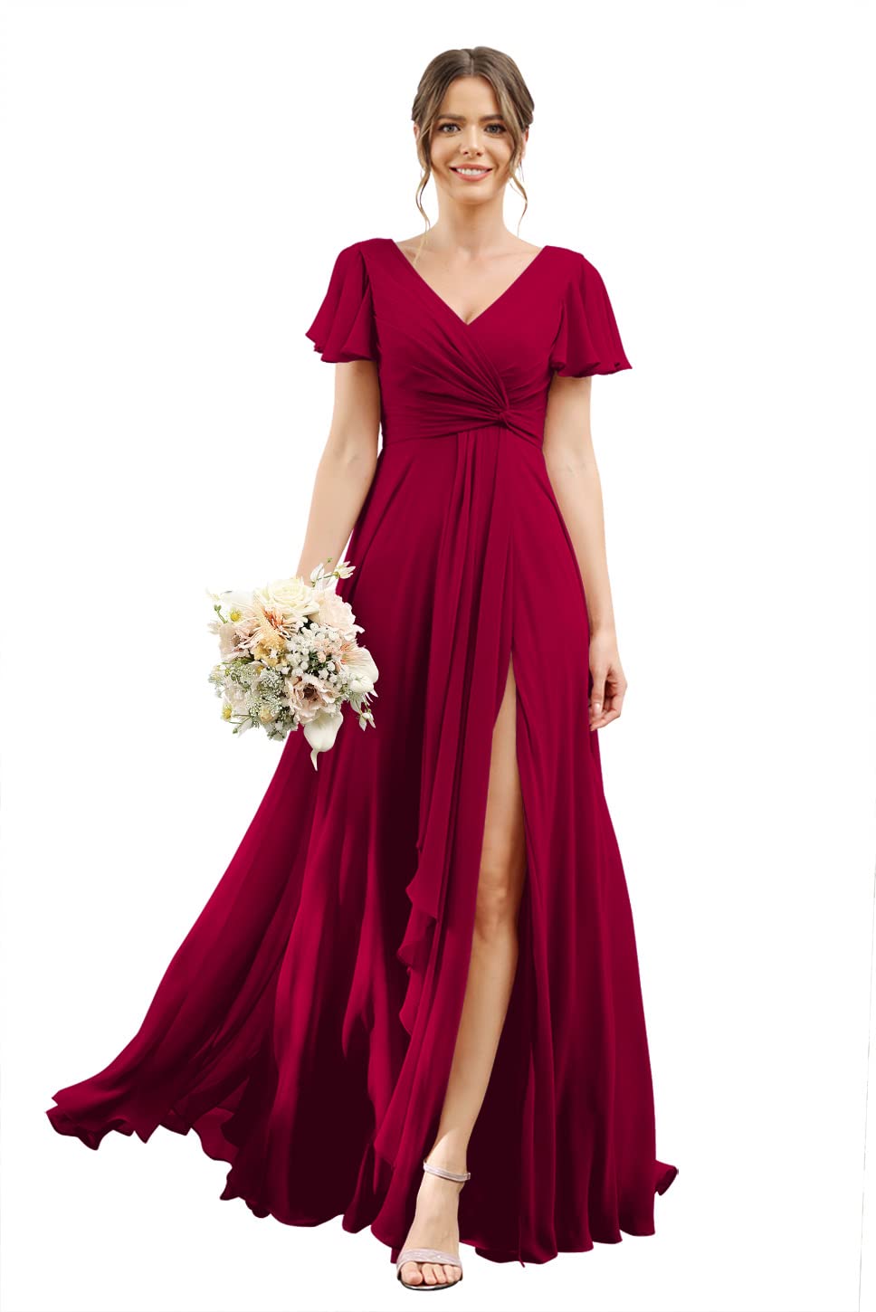 StylefunWomen's V Neck Bridesmaid Dresses with Slit Pleated High Waist Long Formal Dress with Pockets CYM131