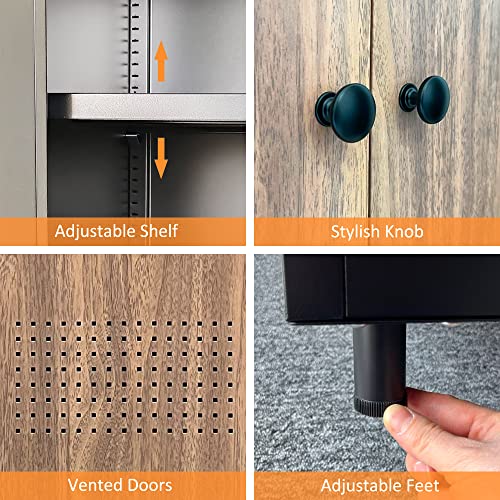 Jinkur Metal Storage Cabinet With 2 Doors And Adjustable Shelf, Steel Accent Sideboard Buffet Cabinet For Home, Office, Entryway, Hallway, Living Room, Kitchen And Dining Room (Black/Walnut) #TOP4