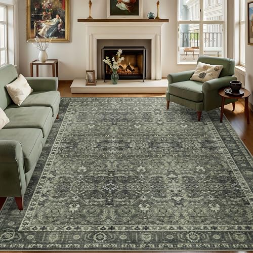 Dotiiorug 8x10 Vintage Washable Area Rug for Living Room,Low Pile Non Slip Carpet Non-Shedding Large Area Rug Soft Indoor Stain Resistant Rug Floral Print Mat for Bedroom Dining Room Green Floral