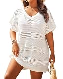 Yonique Plus Size Swimsuit Cover Up - Crochet Swim Cover Up 2025 Bathing Suit Short Sleeve Beach Dress White 20W
