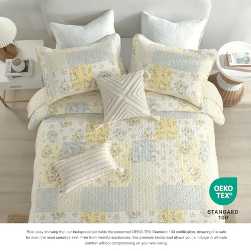 DDUOXIN California King Quilt (128"x120") - 100% Cotton Reversible Oversized King Bedspread with 2 Pillow Shams, Farmhouse Floral Lightweight Bedspreads Coverlet Sets, Yellow/Cream White — view 4