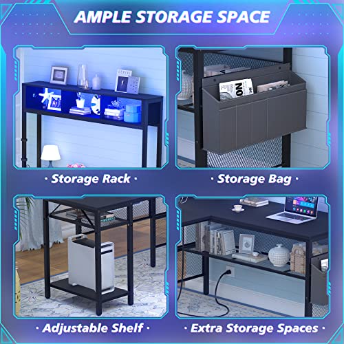 Unikito L Shaped Computer Desk With Led Strip And Power Outlets, Reversible L-Shaped Corner Desk With Storage Shelves And Bag, Industrial Home Office Desk Gaming Table With Usb Port, Black #TOP4