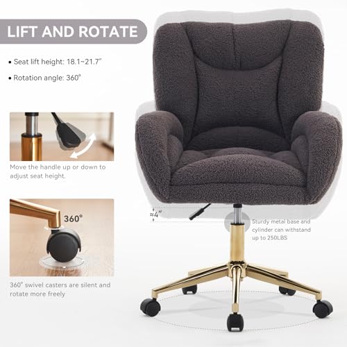 Image of FOXHUNTER Vanity Chair with Ergonomic Back & Wheels, 360 Swivel Accent Chair, Adjustable Height Home Office Chair for Living Room, Bedroom (Teddy, Dark Gray)