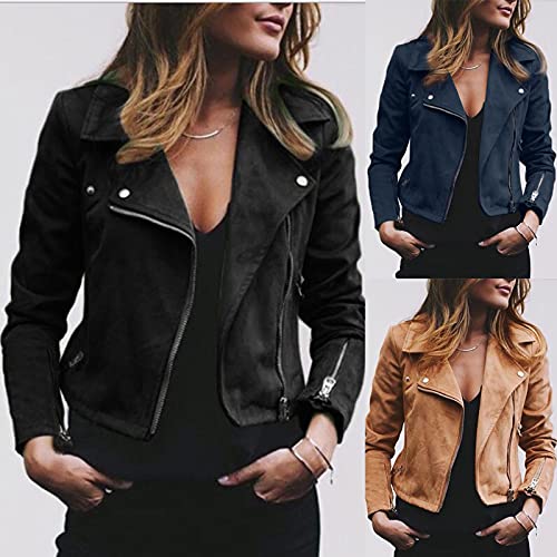 Faux Leather Jacket Women Suede Moto Jacket Biker Coats Zip Up Cardigan Women Slim Fit Outerwear Fall Fashion Clothes