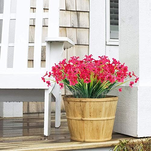 Ksnnrsng 6 Bundles Artificial Flowers Outdoor UV Resistant Fake Flowers No Fade Faux Plastic Plants Garden Porch Window Box Decorating (Rose Red)
