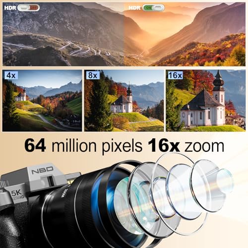 Image of NBD 5K Digital Cameras for Photography - 16X Zoom Travel Camera with 180 Flip Screen, 64MP Vlogging Cameras Fotograficas for YouTube, Auto Focus, Macro Lens, 2 Batteries & 64GB TF Card（Silver）