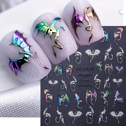 Cesujowaz 2 Sheets 5D Embossed Nail Art Stickers Silvery Bat Flying Dragon Pattern Self-Adhesive Nail Decals for Halloween DIY Nail Art Decoration Supplies