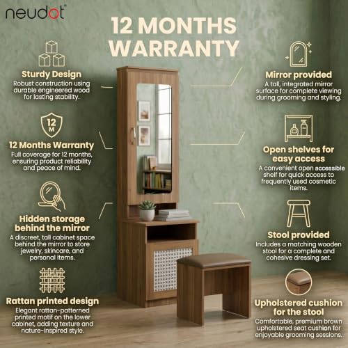 Image of NEUDOT Sakura Rattan Wooden Dressing Table With Mirror And Storage | Engineering Wood | Vanity Table With Mirror | Vanity Dressing Table For Bedroom, 12 Months Warranty | Leon Teak Finish,Brown