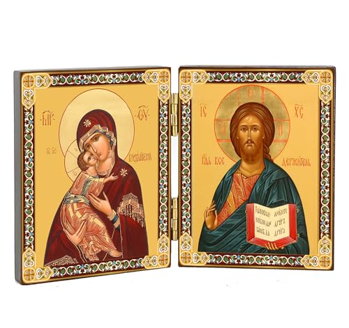Orthodox Icon Diptych Christ The Teacher and Virgin of Vladimir, Byzantine Icons 3 1/4 Inch, Home Decor Religious Gift Set