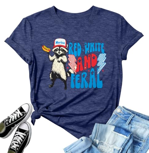 4th of July Shirt Women Red White and Blue Shirts Funny 250 Anniversary USA Raccoon T-Shirt America Patriotic Tee Tops