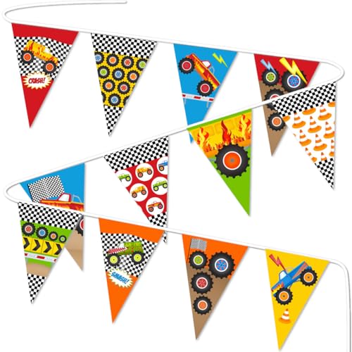 Image of Monster and Truck Party Banner, Race Car Themed String Flags, Car Racing Party Decorations Hanging Decors for Birthday Baby Shower Racing-themed Party Supplies