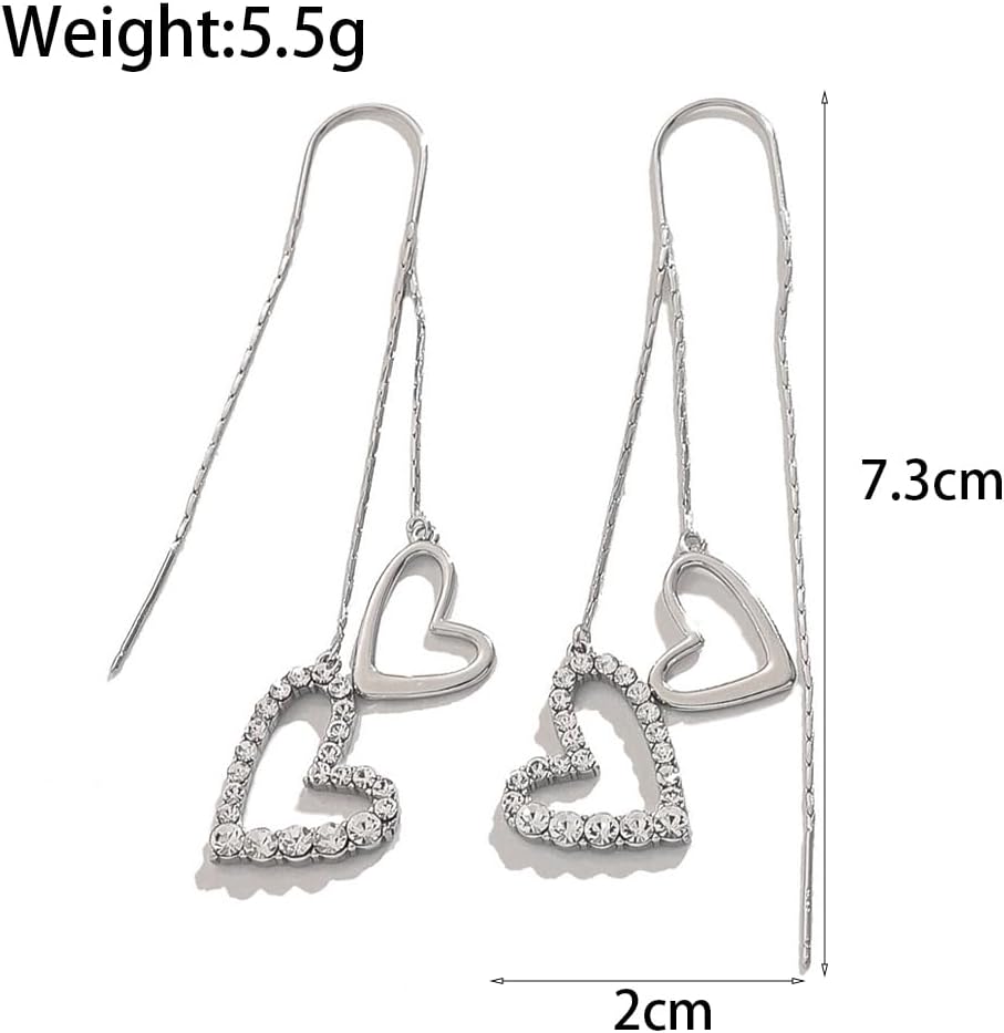 Gold Rhinestone Heart Threader Earrings for Women,Trendy Double Heart Long Chain Dangle Earrings,Charm Valentine's Day Jewelry Gift - Image 4
