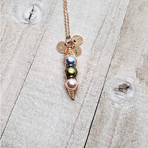 Rose Gold Personalized Peas in a Pod Necklace with Initials, 1, 2, 3, 4 Peas in a Pod Necklace with Initials, Swarovski Birthstone Pearl Peas in a Pod Necklace