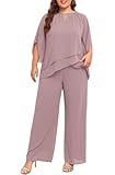 Mother of Bride Pant Suits Plus Size Half Sleeve 2 Piece Chiffon Pantsuit Formal Wedding Guest Outfit