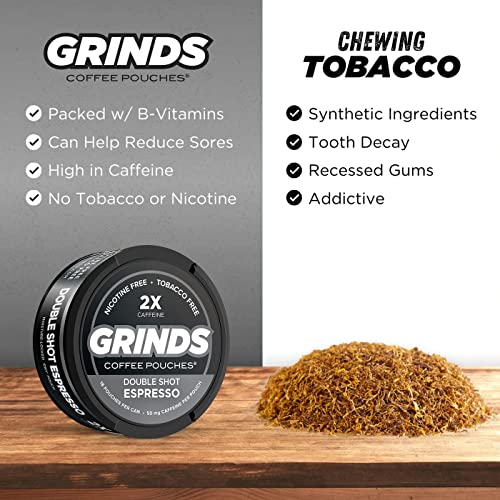 Grinds Coffee Pouches | 3 Cans Of Double Shot Espresso | Tobacco Free, Nicotine Free Healthy Alternative | 18 Pouches Per Can | 2X Caffeine 1 Pouch Eq. 1/2 Cup Of Coffee #TOP4