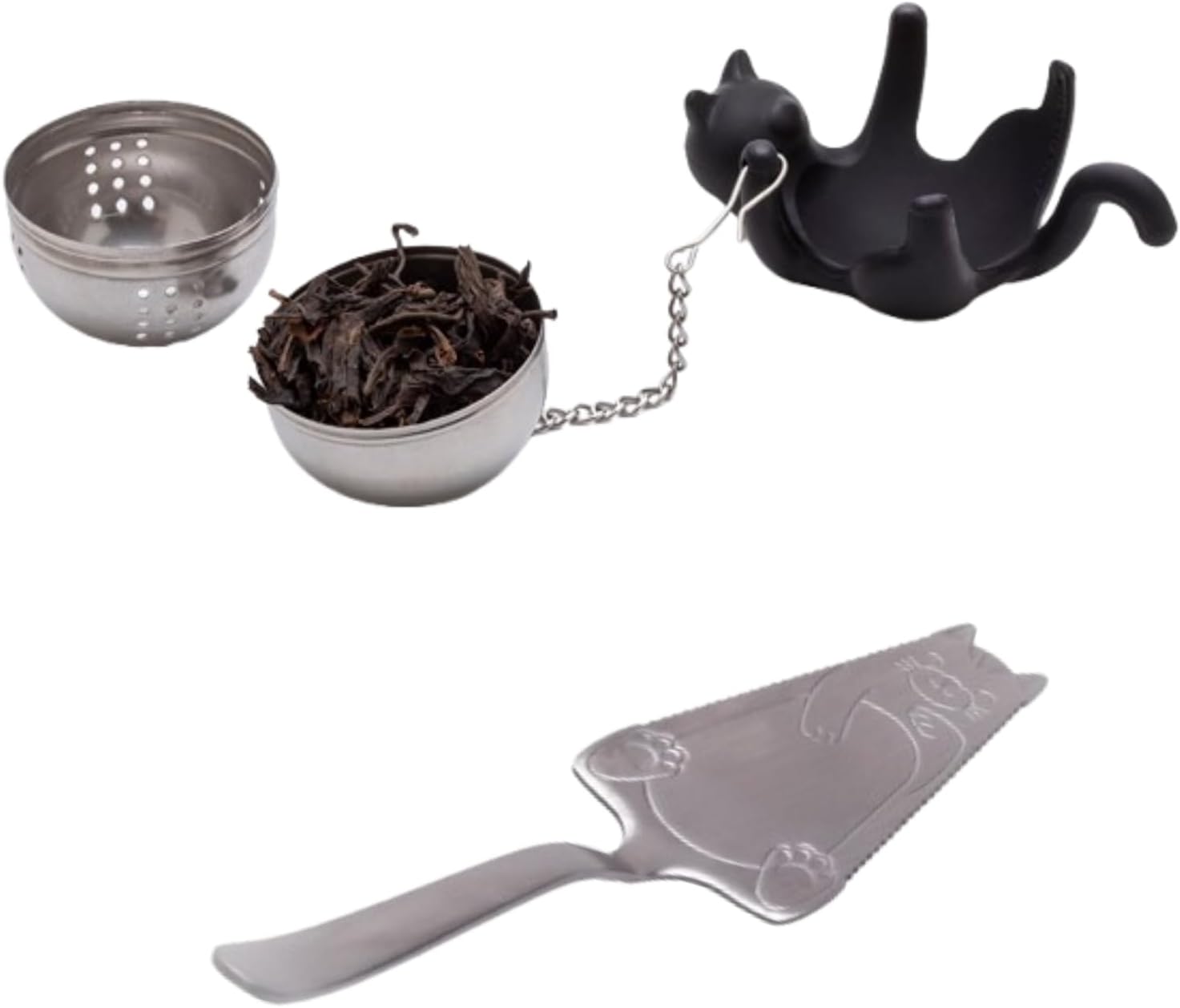 PELEG DESIGN Cat-Inspired Kitchen Set – Cattea Tea Infuser with Saucer & Cakitty Stainless Steel Cake Knife and Pie Server – Fun and Functional Accessories for Tea Time and Dessert Servin