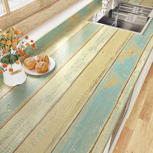 Skyblur Blue Yellow Distressed Wood Wallpaper Shiplap Peel and Stick Wallpaper Self Adhesive Rustic Wood Grain Contact Paper for Countertops Cabinets Vintage Vinyl Wall Stickers for Bedroom 15.8"x120"