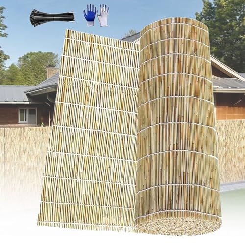 Valla Cañizo Natural De Bambú, Cerramiento Valla Jardin Exterior Estera De Caña 50cm 75cm 90cm 100cm 160cm Alta，Montaje Fácil Para Jardín, Terraza, Villa, Patio Balcón Sombra(White line of log)