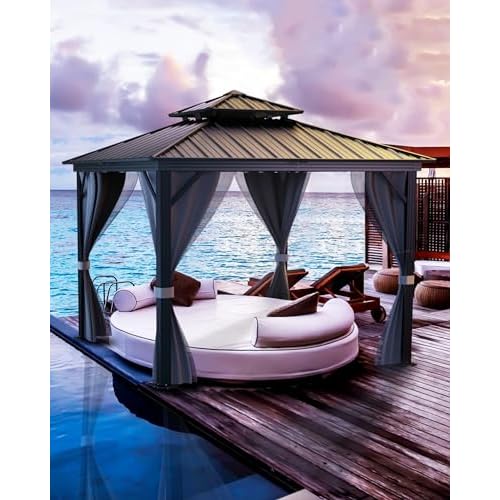 KYBOLT 10x10 Ft Hardtop Gazebos with Heavy Duty Double Roof, Nettings and Curtains Galvanized Steel Outdoor Gazebos for Patio, Backyard, Deck, Lawn, G