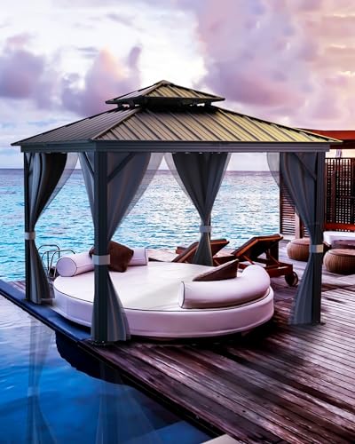 Hardtop Gazebo 12'x12' for All Weather, with Double Metal Roof, Aluminum Alloy Frame, Net, and Curtain, Permanent Building for Patio, Deck, Backyard, Lawn, and Garden, Gray