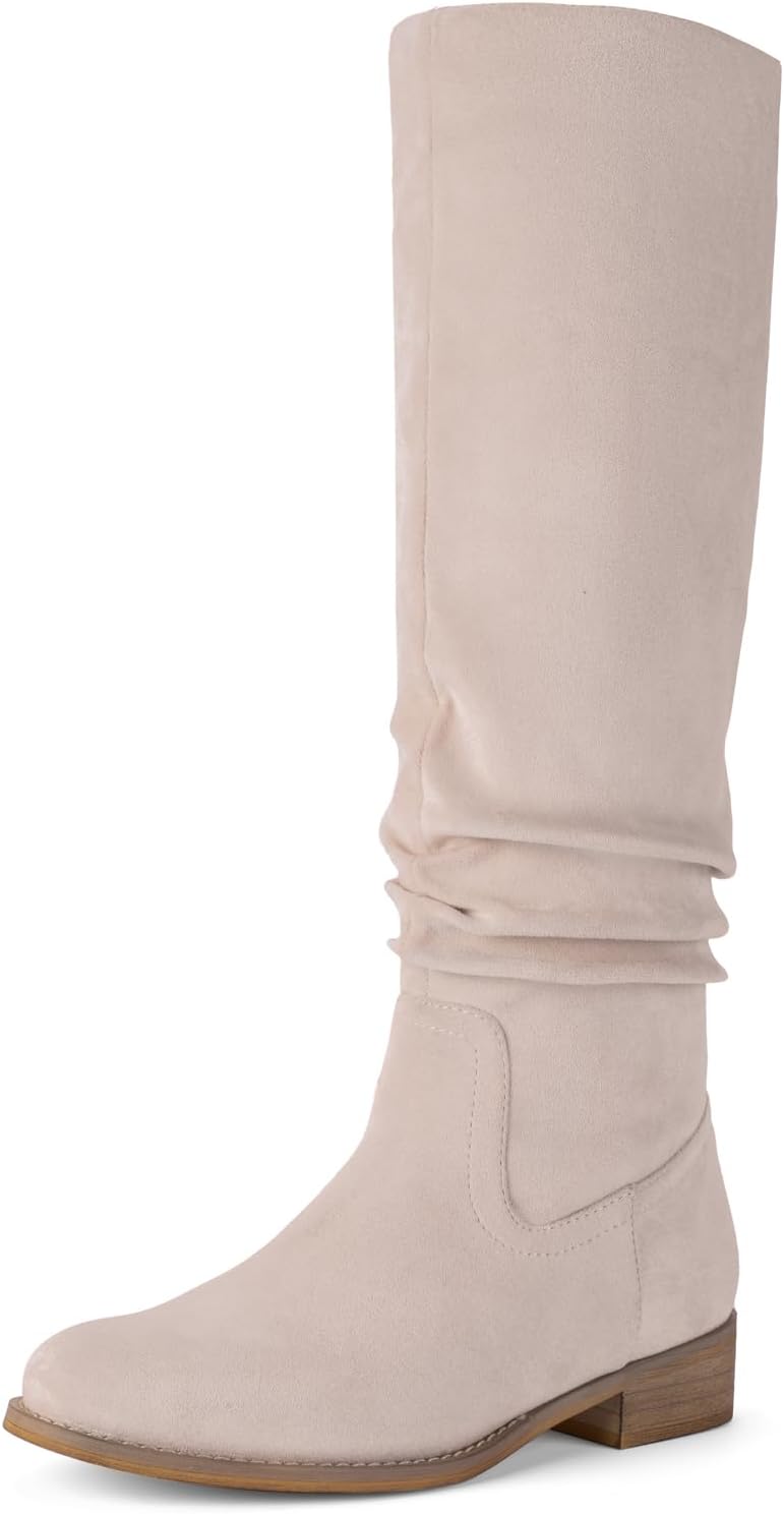 Shoe'N Tale Women's Knee High Boots Flat Low Heel Slouch Pointed Toe Winter Shoes with Side Zipper