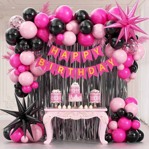Hot pink and black birthday decorations image with foil balloons