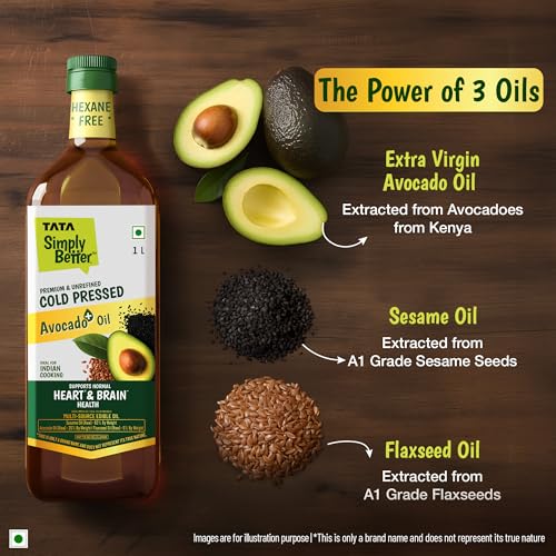 Image of Tata Simply Better Avocado+ Blended Oil for Indian Cooking, Premium & Unrefined, 1L, Cold Pressed, Hexane Free, Blend of Avocado, Sesame & Flaxseed Oil, Rich in Omega-3 & ALA, Supports Normal Heart & Brain Health