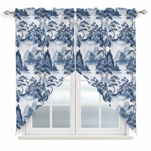 Swag Curtain Valances,Chinese Style Plant Garden Landscape Rod Pocket Kitchen Valance Short Swag Topper Curtains,Chinoiserie Retro Style Window Tier Valance for Bedroom Living Room,28' W x 36' L