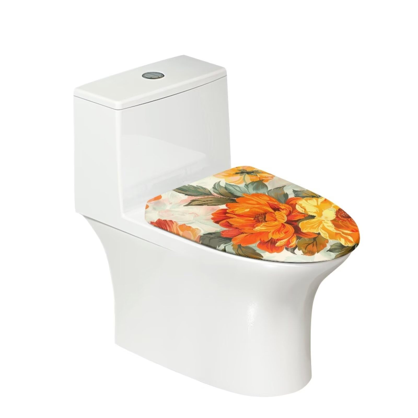 Wiryuouvt Orange Flowers Toilet Seat Lid Cover Toilet Tank Lid Cover Elongated Toilet Lid Cover with Retractable Belt Fits Most Toilet Covers Toilet Cover Decoration Bathroom Dust-Proof