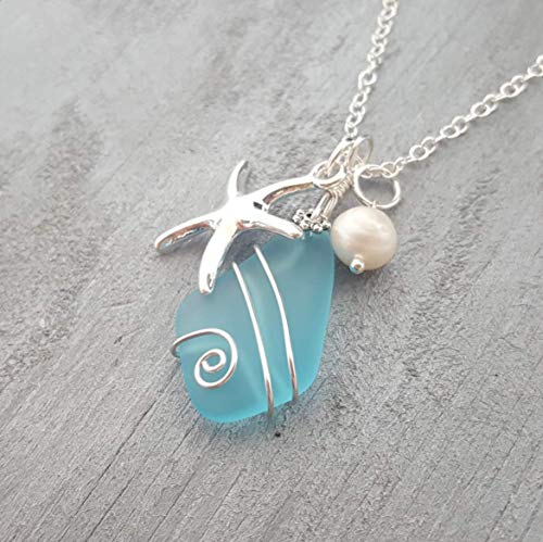 Yinahawaii Handmade In Hawaii, Wire Wrapped Turquoise Bay Blue Sea Glass Necklace thumb #5