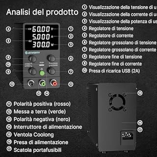 Alimentatore da laboratorio (0-60V, 0-5A) alimentatore DC regolabile, display LED a 4 cifre, con porta di ricarica USB, alimentatore switching, regolazioni grossolane e fini Jesverty SPS-6005N