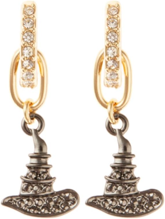 8 Other Reasons Wicked Oblong Mini Hoop Earrings with Elphaba Charm | 18k Gold Plated Brass Oval Hoops with Interchangeable Witch Hat Charm | Crystal Accent Statement Fashion Jewelry for Women