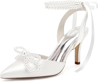 Women's Pearl Heels with Bow Wedding Shoes for Bride High Heels Bridal Shoes Slingback Satin Heels
