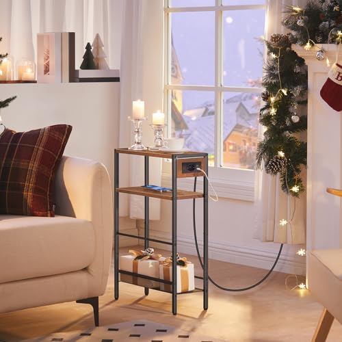 HOOBRO Mesa Auxiliar Estrecha Con Enchufes, 3 Niveles, Con Cerramiento, Para Sofá, Salón, Dormitorio, Marrón Vintage EBF102CBZ01 - imagen 2