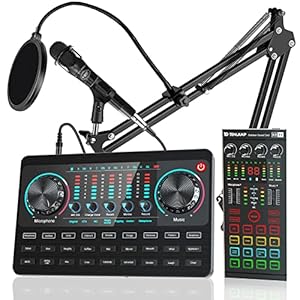 Live Sound Card Set with Streaming Microphone and 2 Piece Audio Interface with DJ Mixer with Voice Changer Podcast Studio Equipment for Phone PC Recording, Gaming, YouTube, Live Streaming