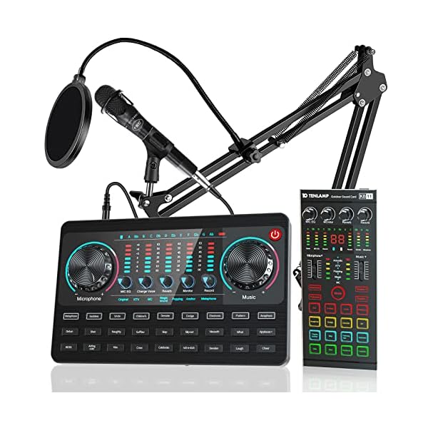 Live Sound Card Set with Streaming Microphone and 2 Piece Audio Interface with DJ Mixer with Voice Changer Podcast Studio Equipment for Phone PC Recording, Gaming, YouTube, Live Streaming