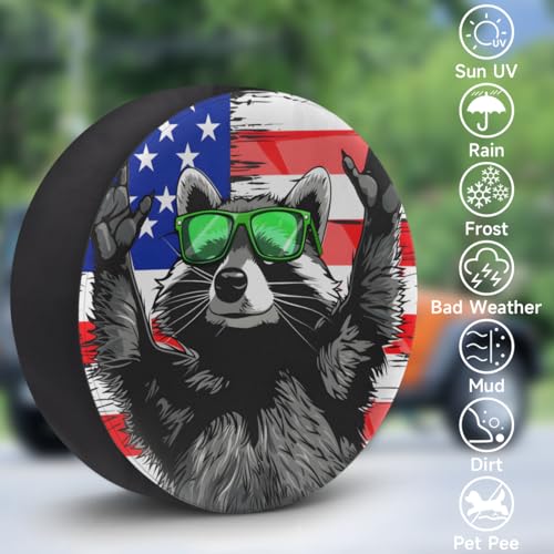 Image of Spare Tire Cover for RV Trailer, American Flag Raccoon Tire Covers Universal Fit for Travel Trailer Camper Jeep RV SUV Truck Waterproof Wheel Cover (14 inch for Diameter 25 inch - 27 inch)