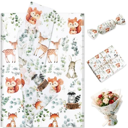 60 Sheets Woodland Animal Tissue Paper, 20 x 14 Inch Eucalyptus Forest Animal Wrapping Tissue Paper Decorative Gift Wrapping Supplies for Birthday, Wedding, Baby Shower DIY Crafts