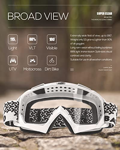 Image of BATFOX Dirt Bike ATV Goggles Motorcycle Glasses Riding Motocross 4-Wheeler MX DH Accessories for Men Women Youth UV Protection Safety Dust-Proof Anti-Slip Strap(Clear-White)